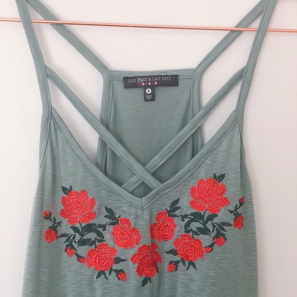 Seafoam Teal Green Strappy Tank Embroidered - Picture 4 of 5